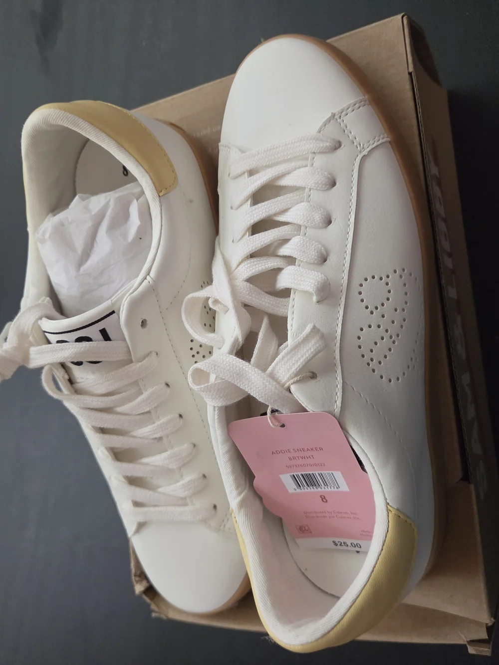 Sam & Libby Women's bright white  Leather Lace-Up Sneakers with Yellow Accent
